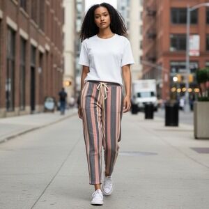 Soft Surroundings Small Textured Linen Blend Striped Elastic Waist Pull On Pants